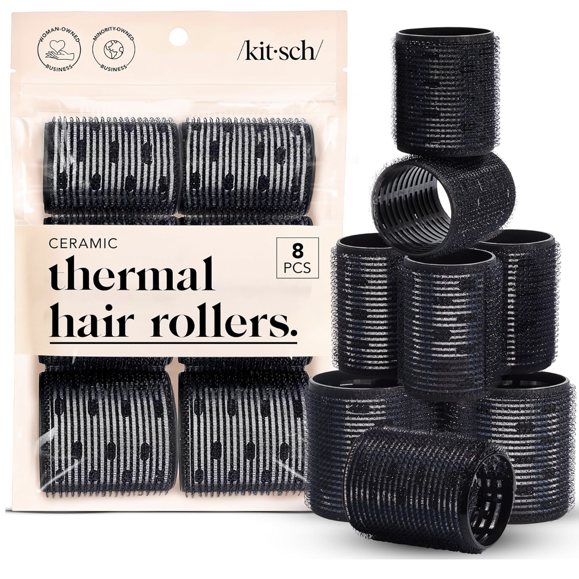 Kitsch Ceramic Thermal Hair Rollers for Women – Self Grip Hair Curlers for Heatless Curls Overnight - Volumizing Large Rollers for Short & Long Hair - for Long Lasting Frizz-Free Curls - Black, 8pcs