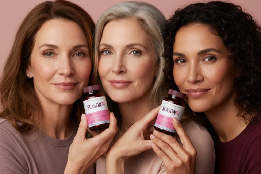 Women holding Season34 supplement bottles