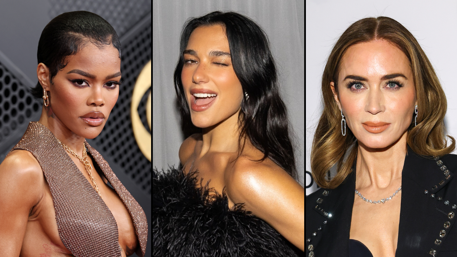 Collage of Teyana Taylor, Dua Lipa, and Emily Blunt in red carpet attire.