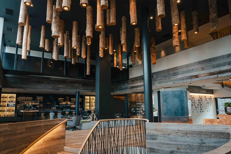 The reception and lounge feature a tree trunk installation on the ceiling (My Arbor)