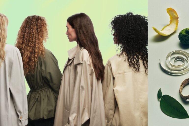 four women with trench coats and air-dried hair on a green background facing away from the camera