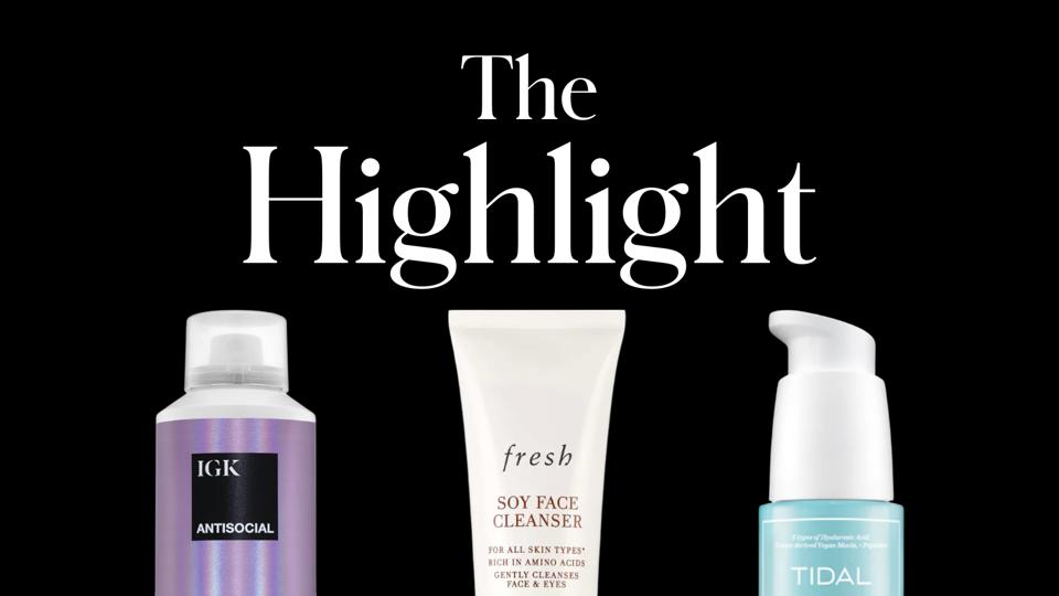 Collage of IGK hair mask, Fresh cleanser, Sunday Riley serum. 