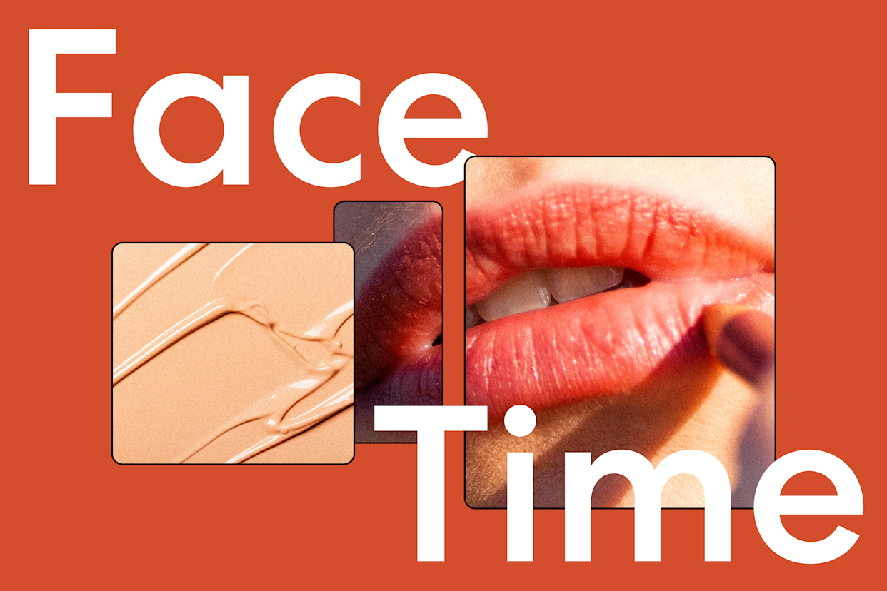 A photo illustration shows a lip pencil touching a woman's lips, a close-up of makeup, and the words: Face Time.