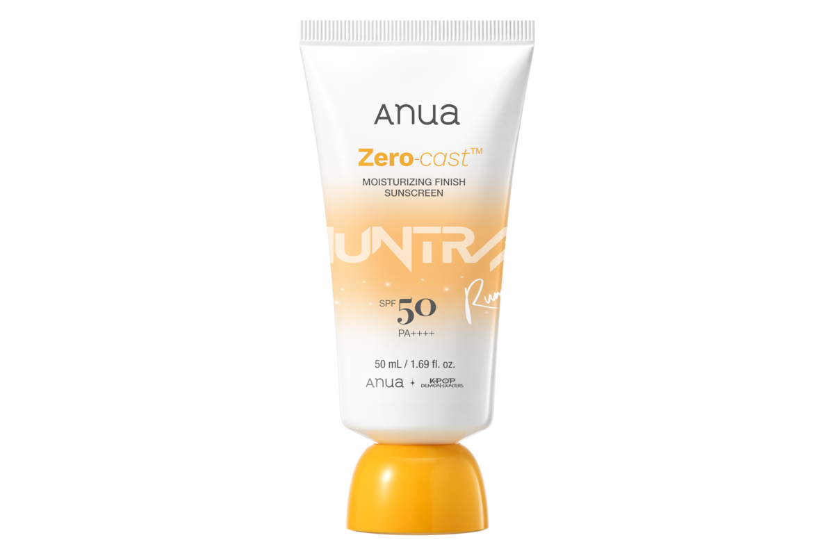 Tube of Anua Zero Cast Moisturizing Finish Sunscreen SPF 50 PA++++ with orange cap, standing upright on a white background. Product tube has white and orange labeling, 50 mL size is indicated.