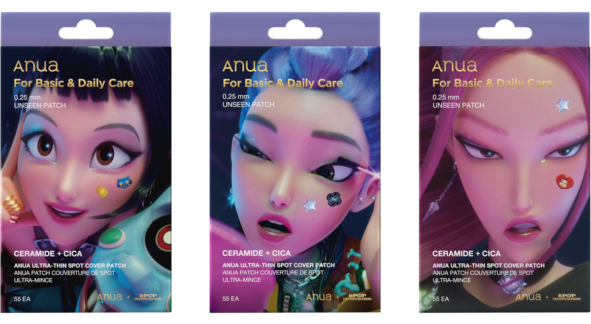 Three Anua skincare patch packages feature animated female characters with decorative spot patches on their faces, vibrant hair colors, and bold facial expressions, displayed in a studio setting against colorful backgrounds.