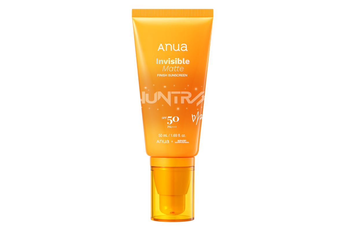 Anua Invisible Matte Finish Sunscreen SPF 50 in an orange squeeze tube with a pump, isolated on a white background, product facing forward.