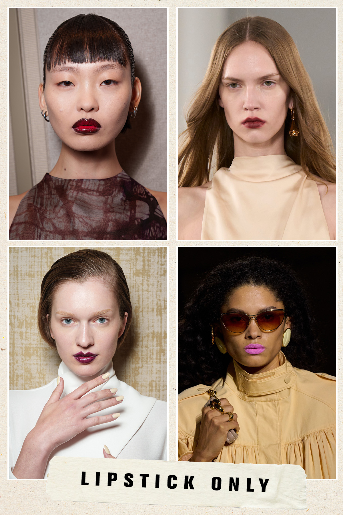 Models showing the lipstick only spring/summer 2026 beauty trends