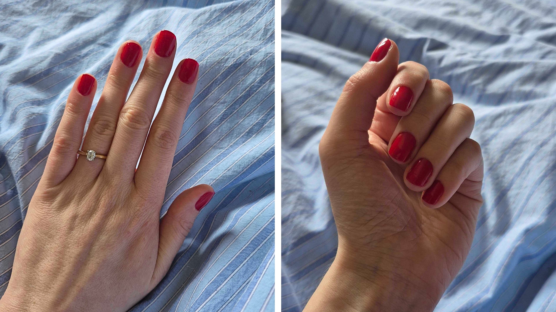 Two close-up pictures of Digital Beauty Writer, Naomi Jamieson's hand, which can be seen with short, square red nails/ taken above blue and white striped bedding