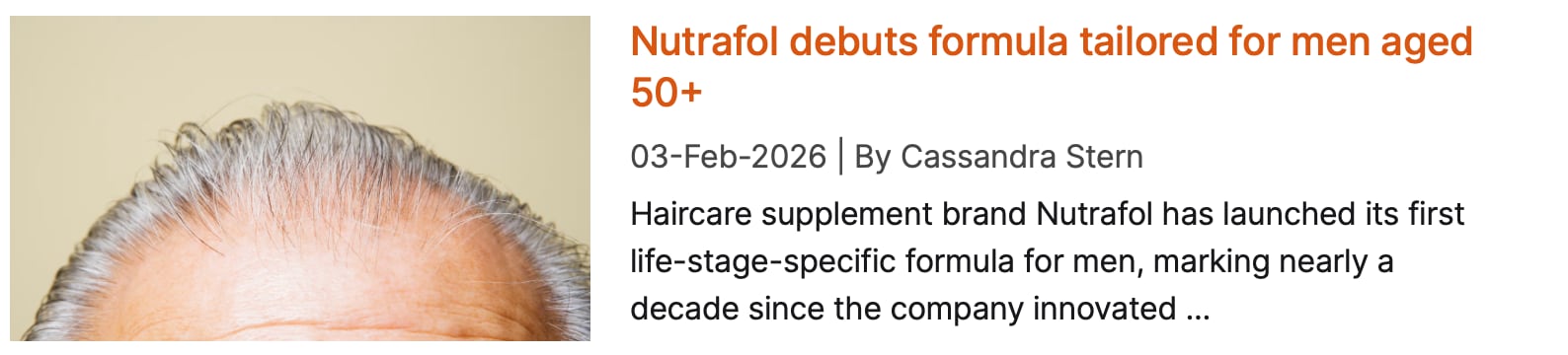 Screenshot of NutraIngrediens coverage: "Nutrafol debuts formula tailored for men aged 50+"