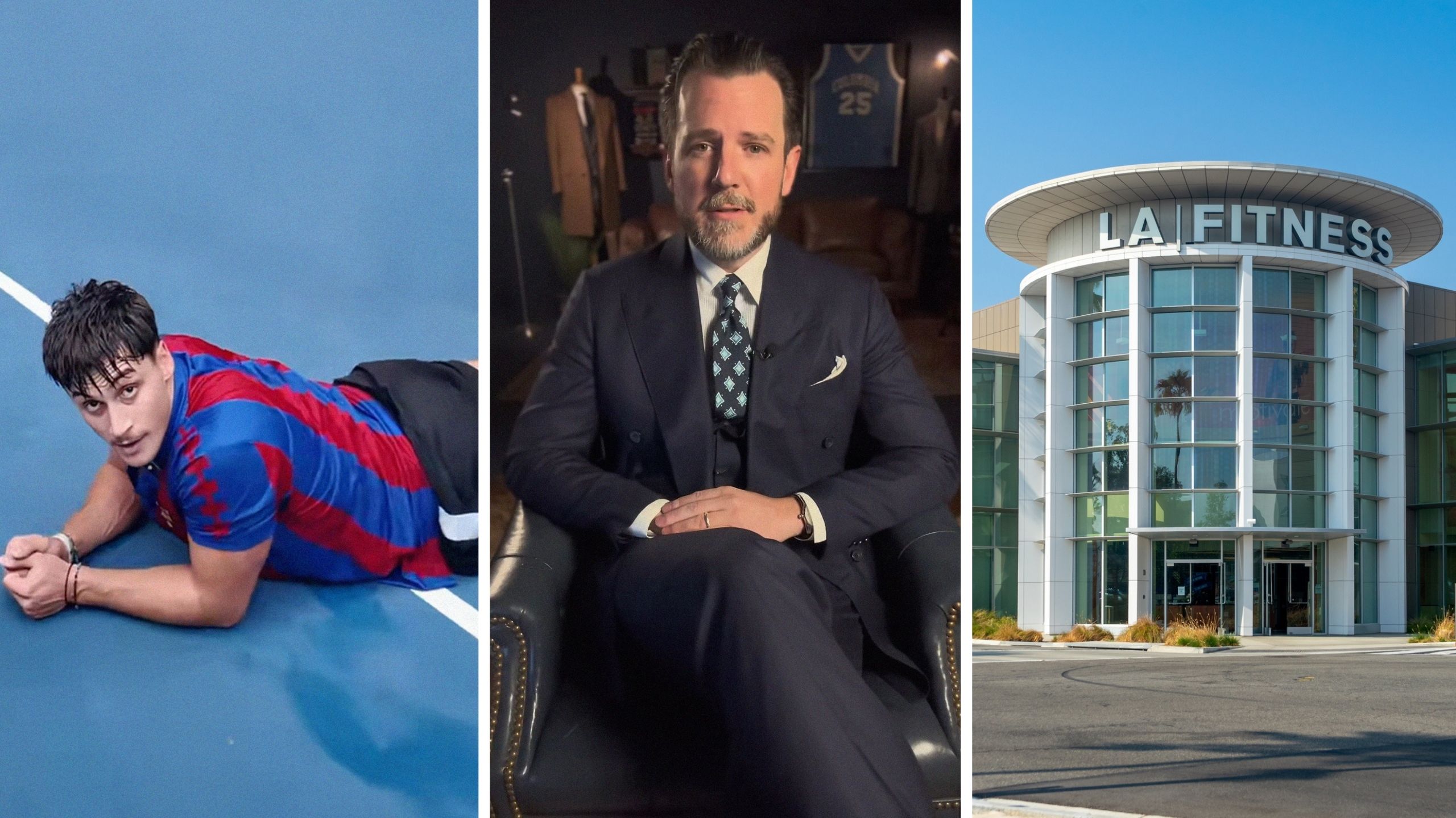 Viral basketball star (l) Man calls out basketball player (c) LA fitness entrance (r)