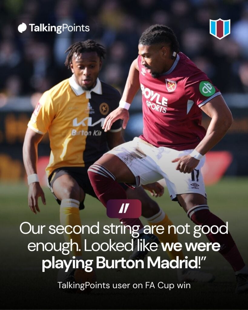 Adama Traore of West Ham United is challenged by Sebastian Revan of Burton Albion during the Emirates FA Cup Fourth Round match between Burton Albion and West Ham United at Pirelli Stadium on February 14, 2026 in Burton-upon-Trent, England.