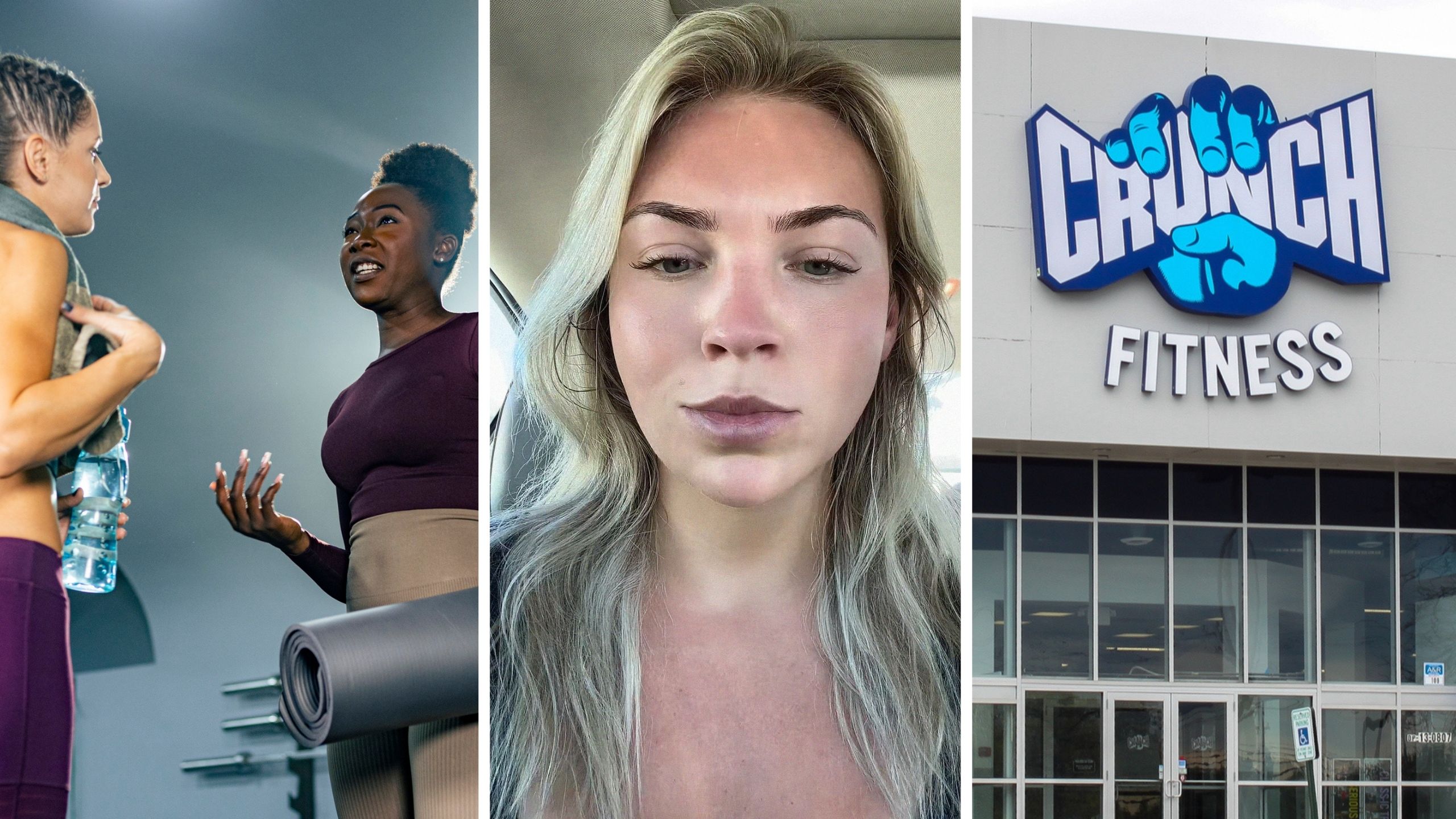 two women having a standoff at the gym (l) woman shares gym issue (c) crunch fitness entrance (r)