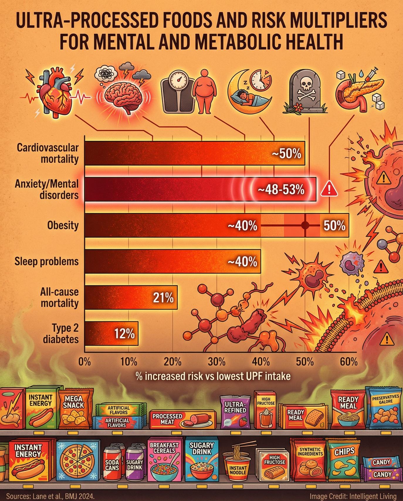 An umbrella review in The BMJ found consistent associations between higher consumption of ultra-processed foods and increased risk of numerous adverse health outcomes, including common mental disorders.