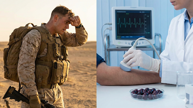 A split-panel photograph. On the left, a male soldier in full combat gear wipes sweat from his forehead in a desert environment. On the right, a researcher in a white lab coat and gloves performs an ultrasound on a person's forearm, with a medical monitor showing a waveform and a petri dish filled with dark berries on the table beside them.