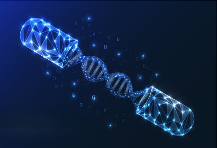 A light blue pill opening to show DNA inside on a dark blue background to symbolize links between vitamin B levels and rare genetic disease.