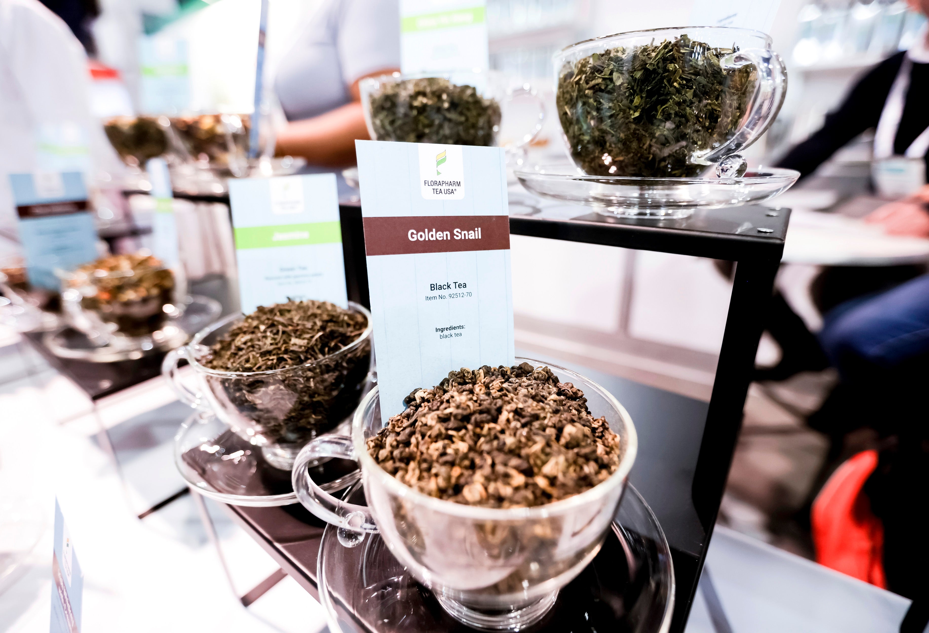 Tea leaves are displayed at a convention center in Las Vegas, Nevada, in March 2023. The amino acid L-theanine is found in green and black tea leaves