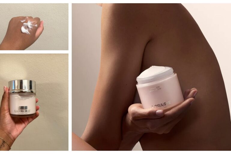 A collage of women testing La Prairie's new Cashmere Body Cream