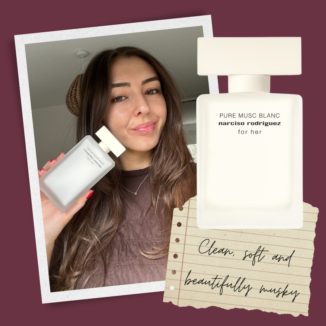 On the left Digital Beauty Writer, Sennen Prickett is pictured holding a bottle of the Narciso Rodriguez Pure Musc Blanc For Her perfume, alongside a product shot of the fragrance and a note paper graphic that reads: "clean, soft and beautifully musky"/ all featured on a burgundy background
