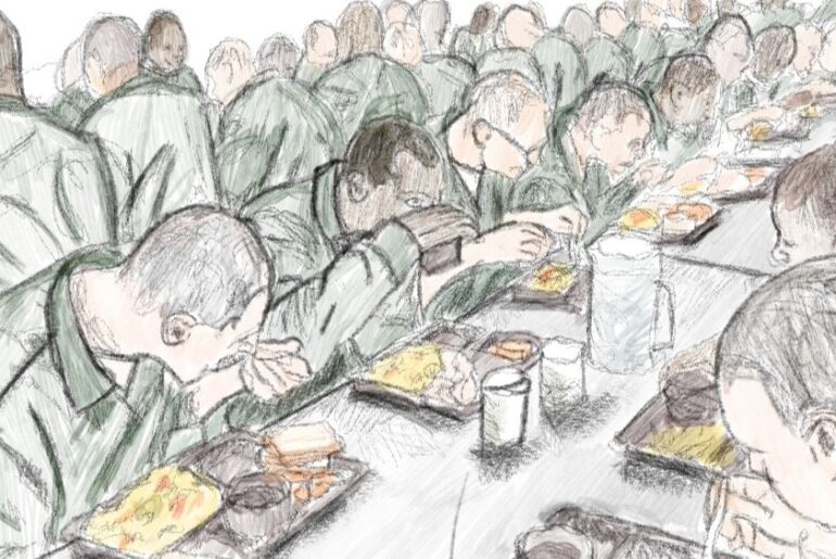 Illustration of incarcerated people eating.