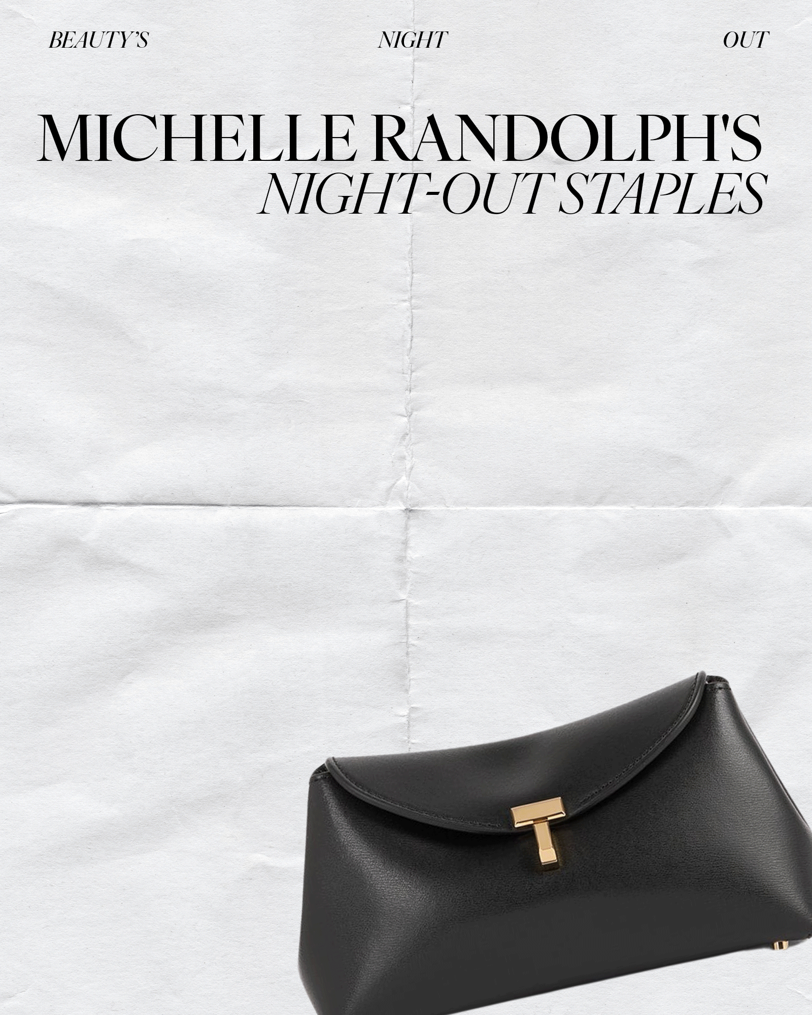 Photo collage of actress Michelle Randolph's night-out beauty staples