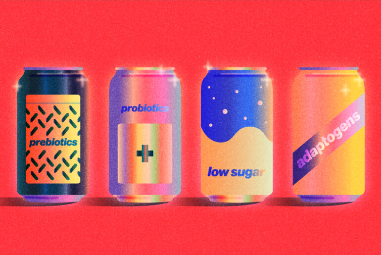 Four different colored beverage cans with different labels (prebiotics, probiotics, low sugar, adaptogens) on a red background