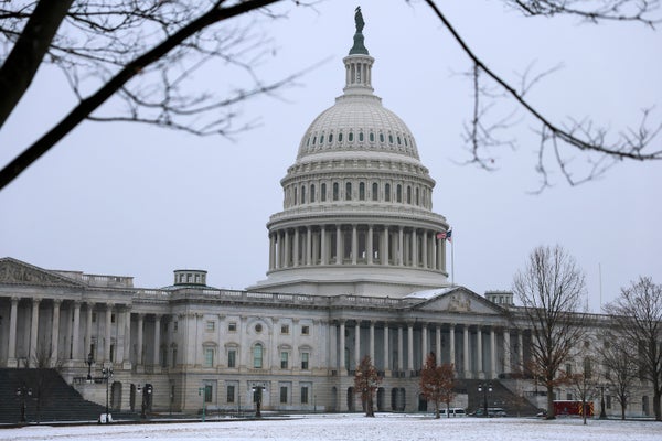 A large domed building under a snowy sky.