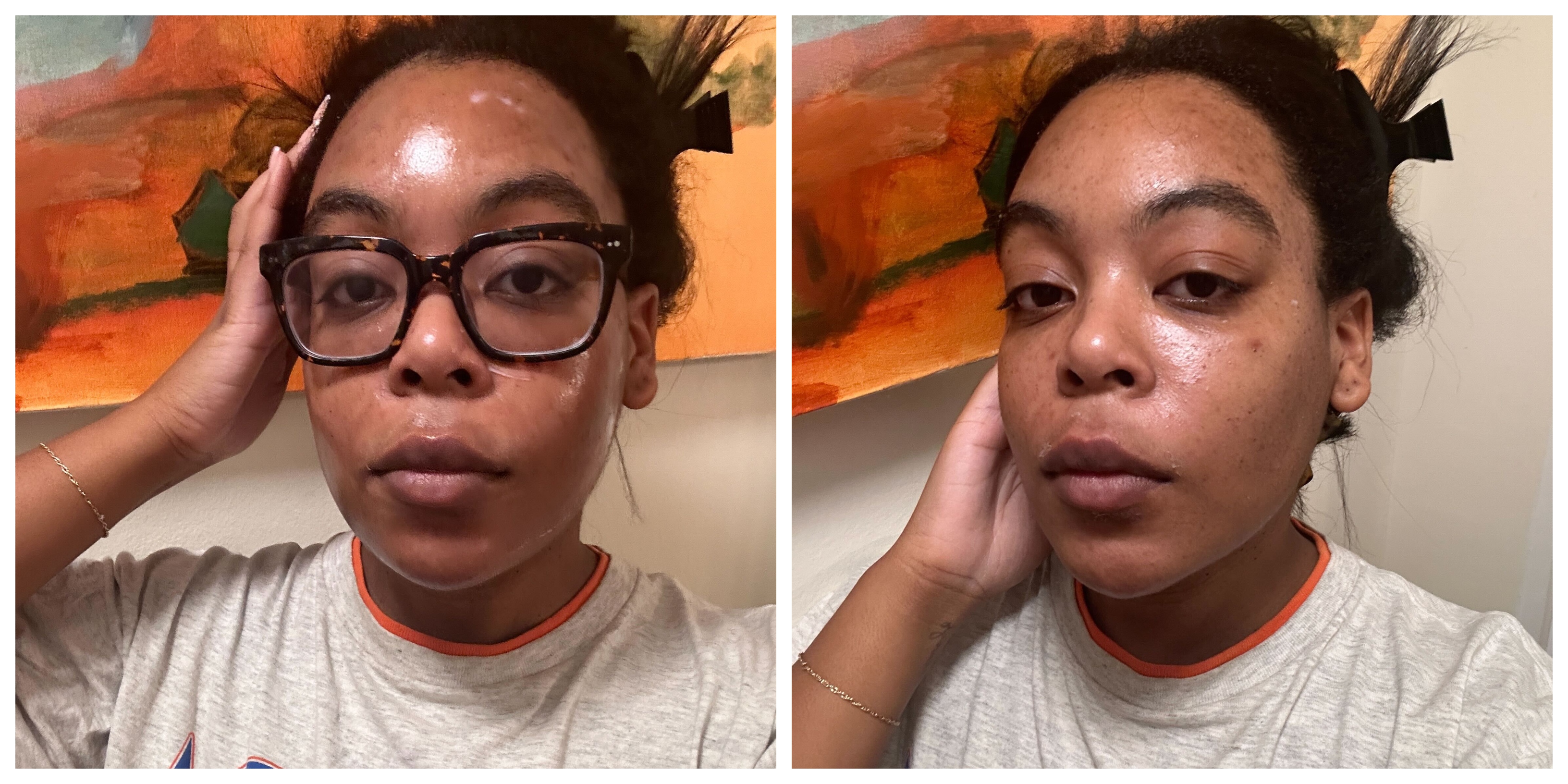 Ariel Baker during and after testing the Byoma Bio-collagen Radiance Facial Mask.
