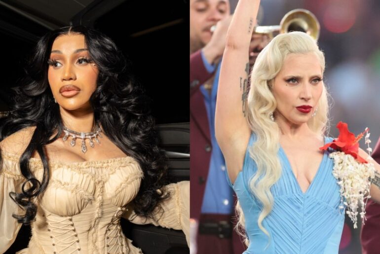 Cardi B and Lady Gaga at Super Bowl LX on Sunday.