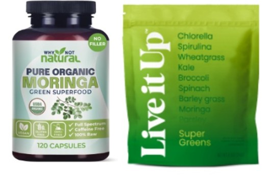 Live it Up Super Greens supplement powder and Why Not Natural Pure Organic Moringa Green Superfood capsules