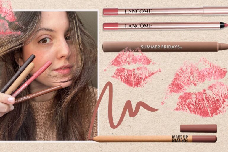 nude lip liners art treatment with a woman holding lip pencils in her hand