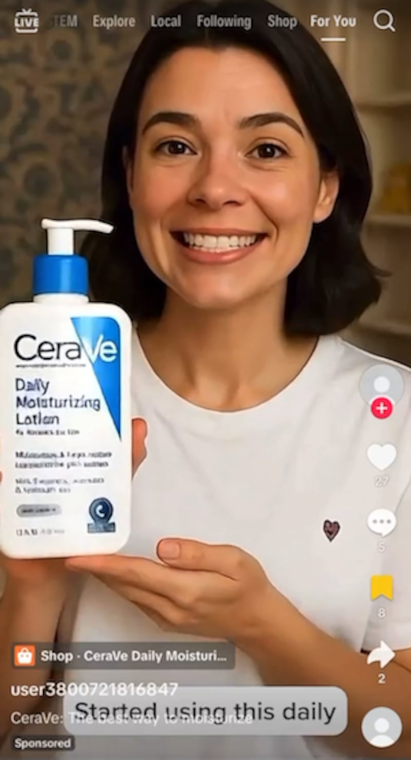 An ad on TikTok featuring an AI-generated influencer linking to buy a Cerave product on Amazon.