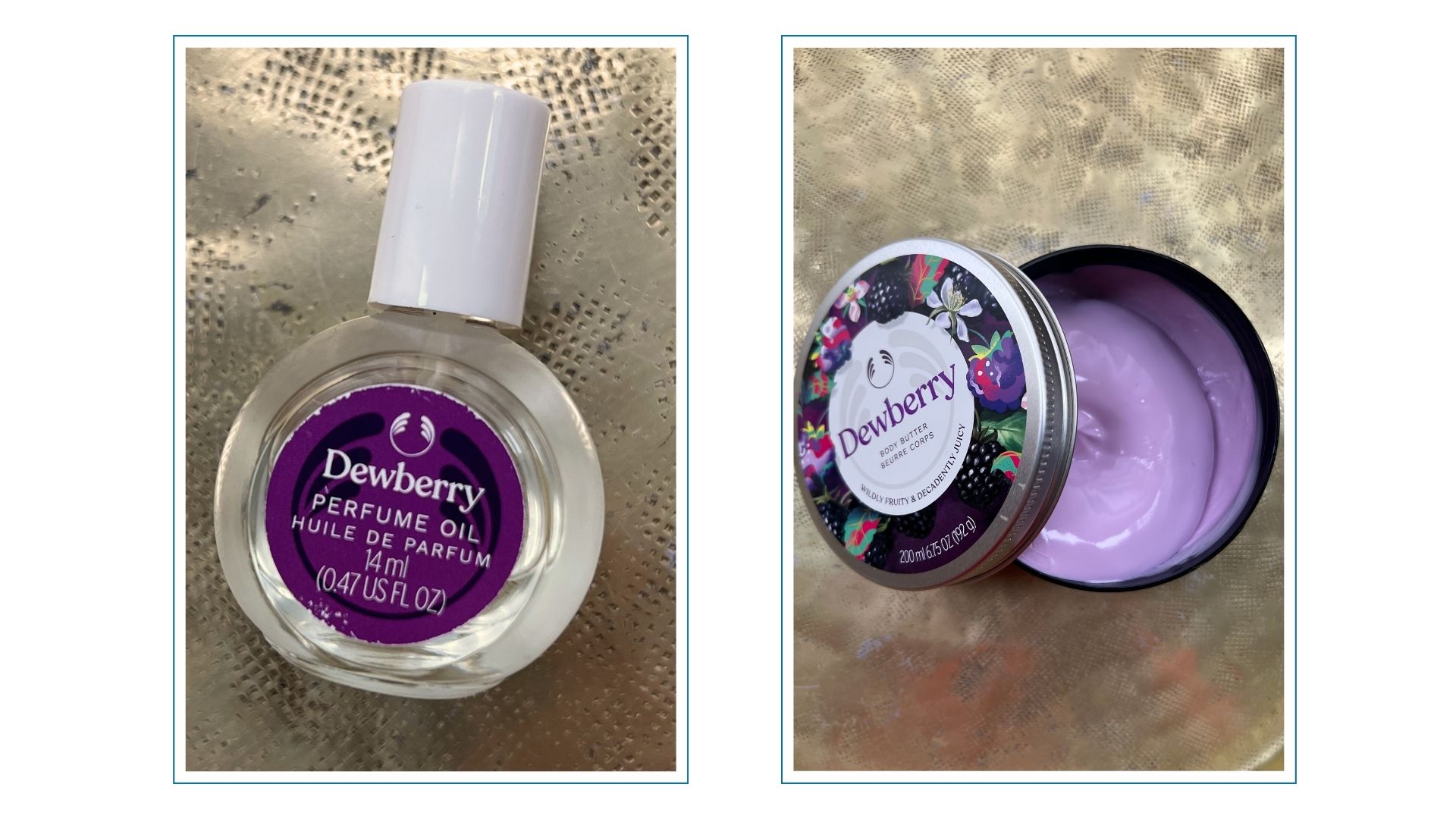 A gold hammered metal tray with The Body Shop Dewberry Perfume oil and Body Butter