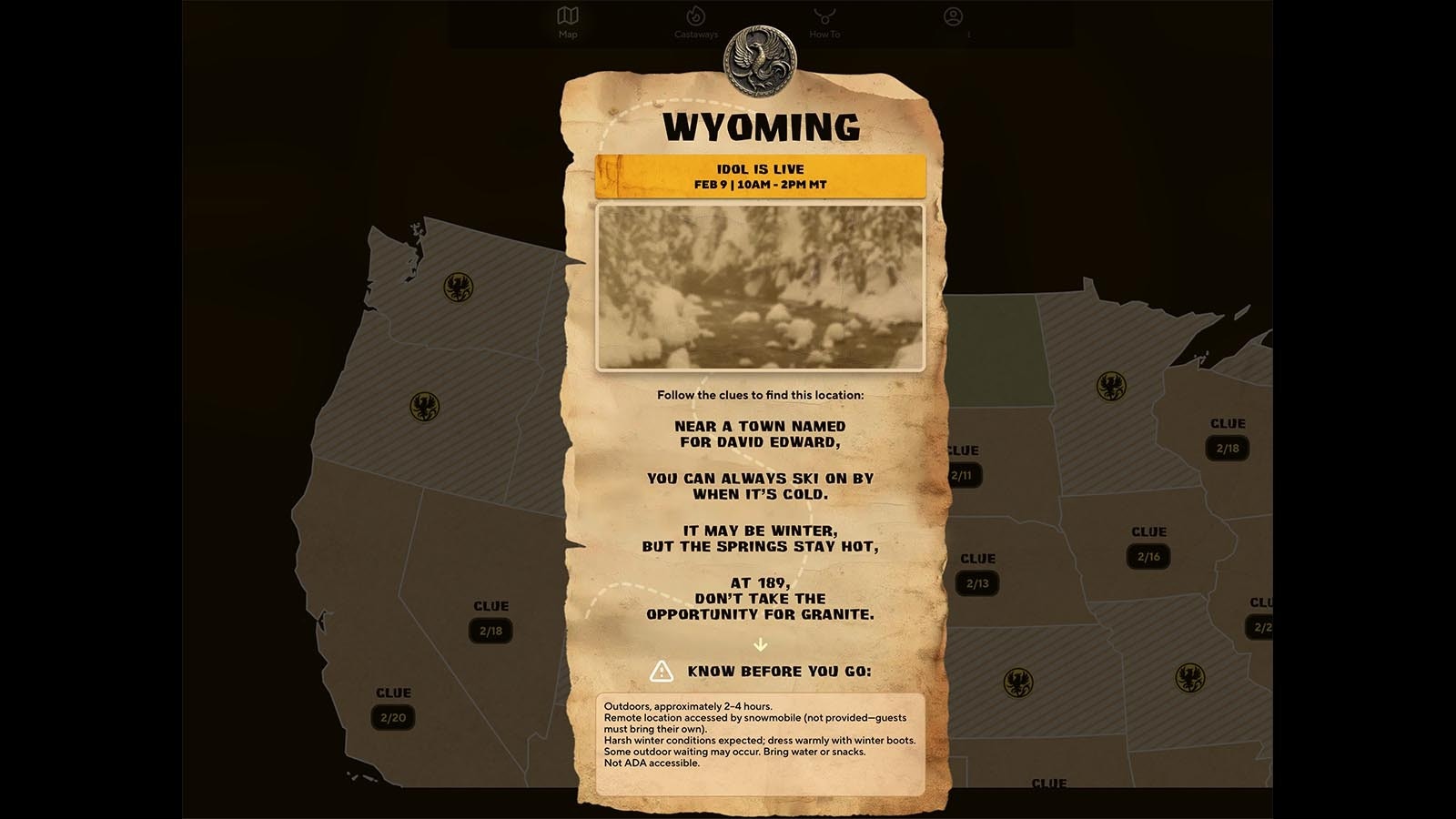 The "Survivor 50 Challenge" is a celebration of the 50th season of the reality show “Survivor,” and Monday is Wyoming’s turn to find a hidden immunity idol. Whoever wins will need a snowmobile to find it hidden near “a town named for David Edward."