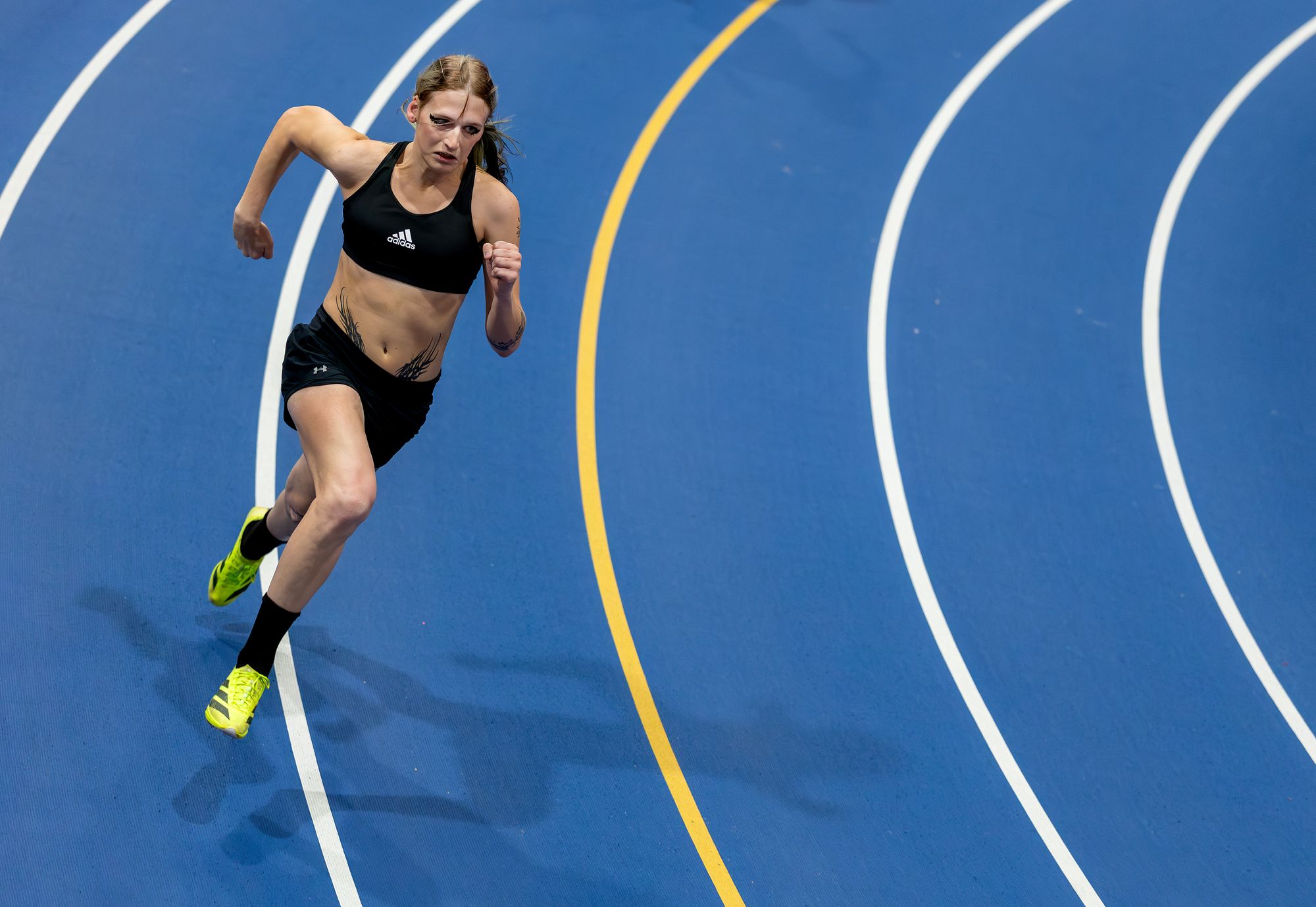 Transgender sprinter Sadie Schreiner competes in the Women's 300m heats during the TCNJ Indoor Open at the Armory Track and Field Center on December 06, 2025 in New York City