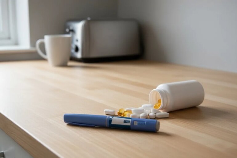 Weight-loss injections and supplements shown on a kitchen counter