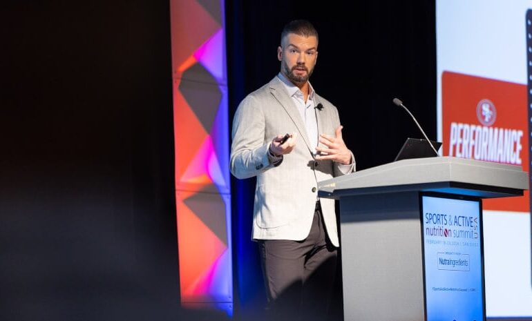 Jordan Mazur, director of nutrition for the San Francisco 49ers, speaking at the 2026 Sports and Active Nutrition Summit on Feb. 18.