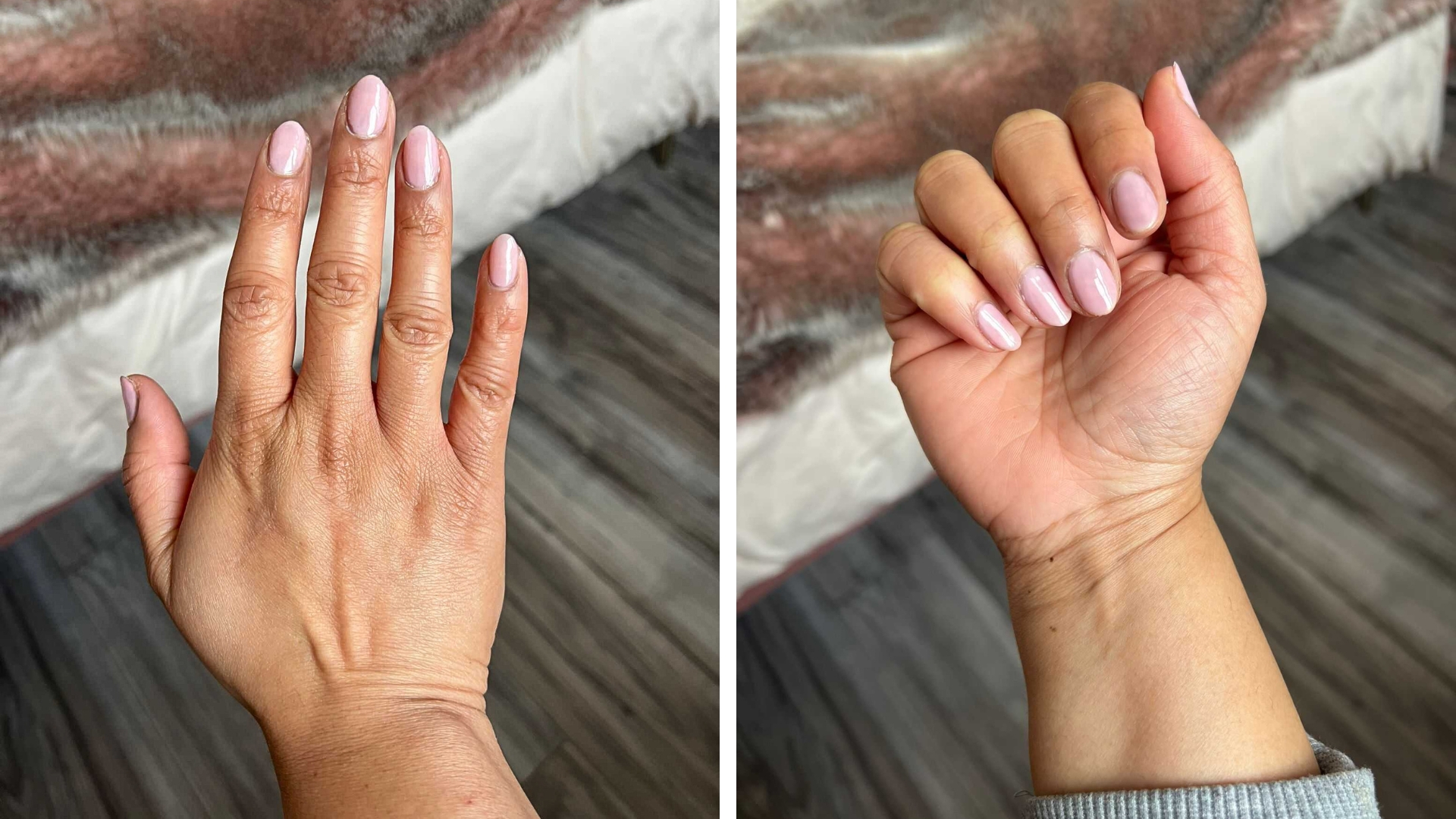 Two close-up pictures of Digital Beauty Ecom Editor, Aleesha Badkar's hand, seen with short almond milky pink nails