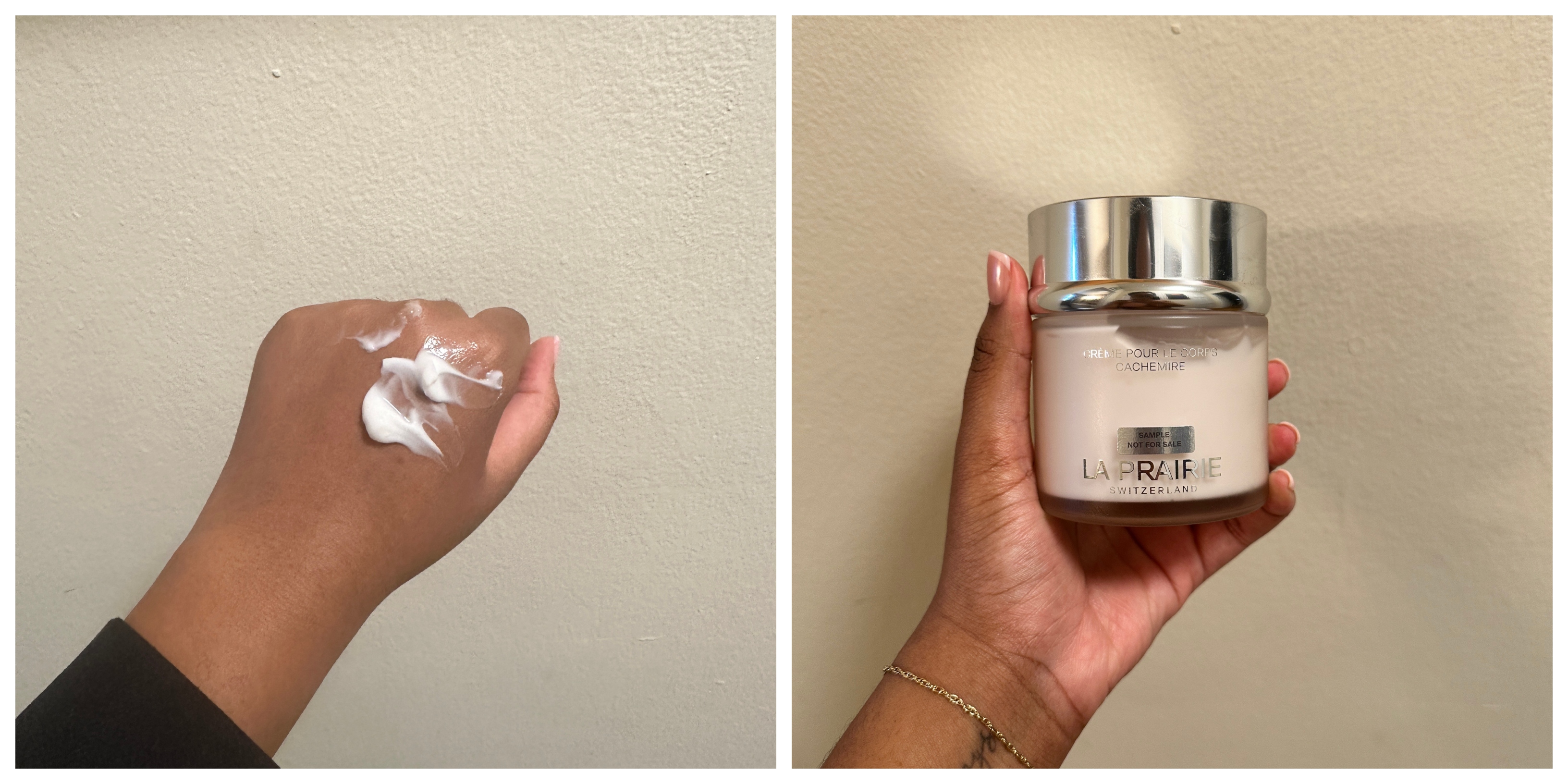 Ariel Baker testing the La Prairie Cashmere Body Cream.