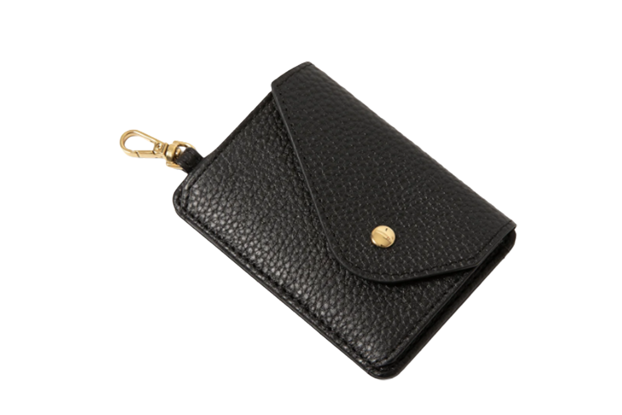 Black textured leather key case with a gold snap and swivel clip.