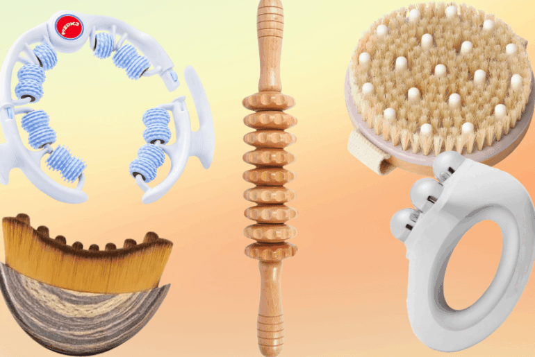 top lymphatic drainage tools to use at home overlaid on an ombre background, including dry brushes, wooden rollers, facial brushes, and more