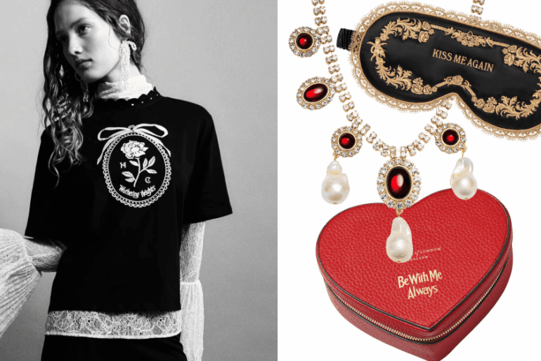 model posing in new h&m x wuthering heights t-shirt, layered over a lace long-sleeve top; assortment of wuthering heights collab products, like a sleep mask, jewelry case, and statement necklace