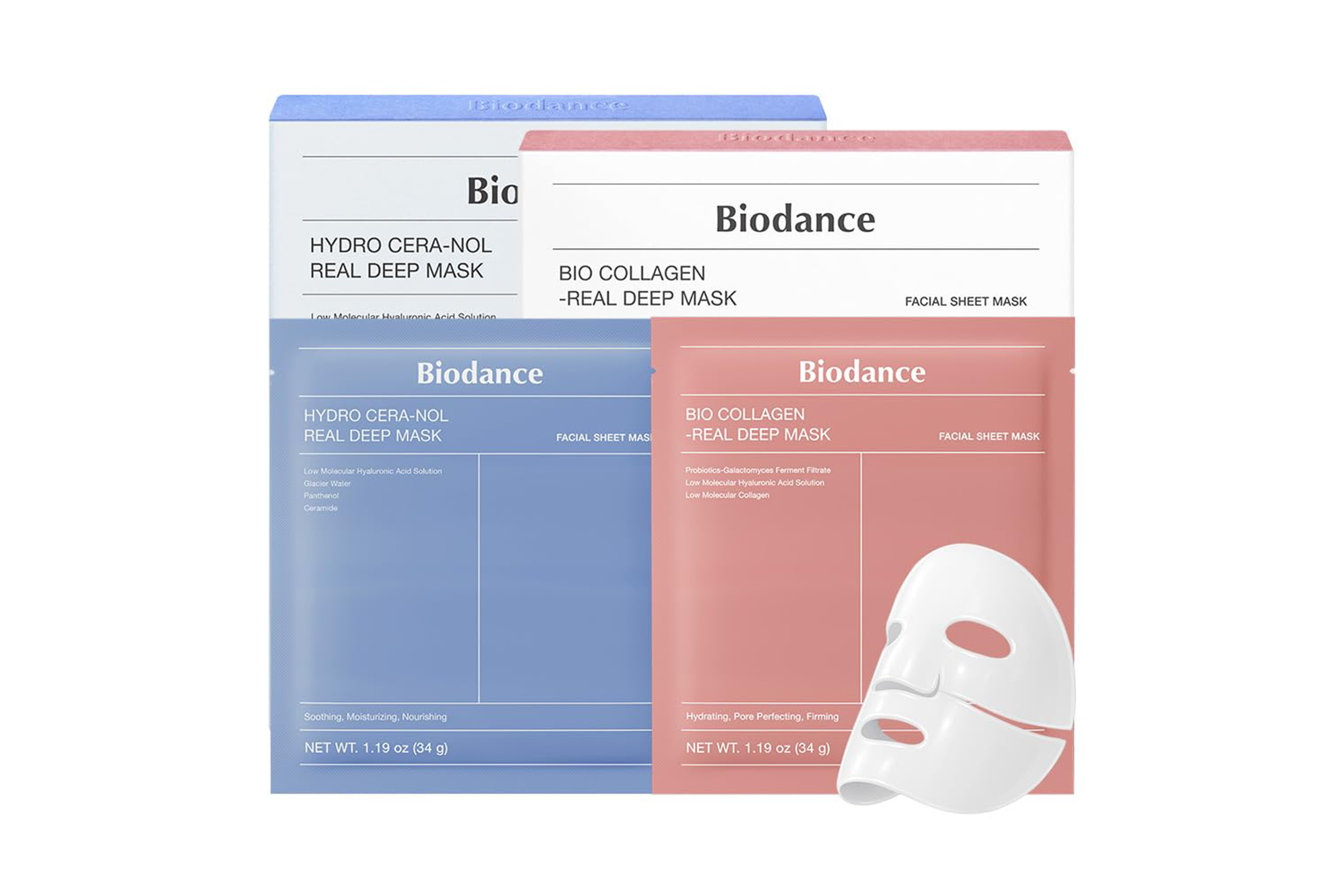 Biodance Hydro Cera-Nol Real Deep Mask and Bio Collagen Real Deep Mask packaging with a white sheet mask.