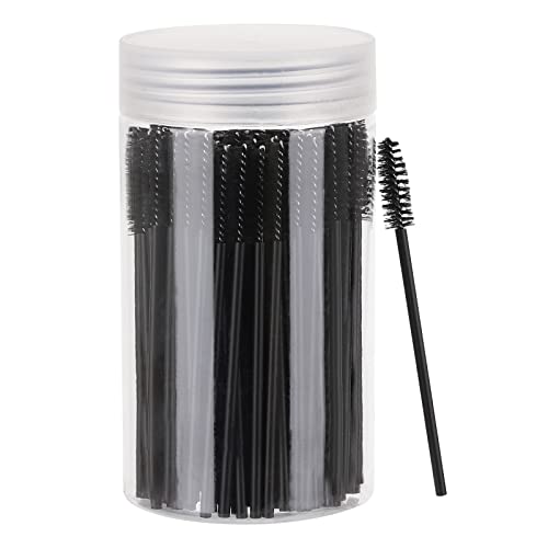 100 Pcs Disposable Mascara Wands, Eyebrow Spoolies Brush for Eyelash Extensions, Lash Brushes With Container (black)
