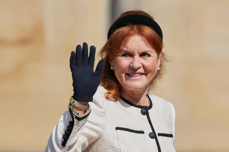 FILE - Sarah Ferguson waves the to the crowd was she attends the Easter Matins Service at St. George's Chapel, Windsor Castle, England, on April 20, 2025. (AP Photo/Kirsty Wigglesworth, Pool, File)