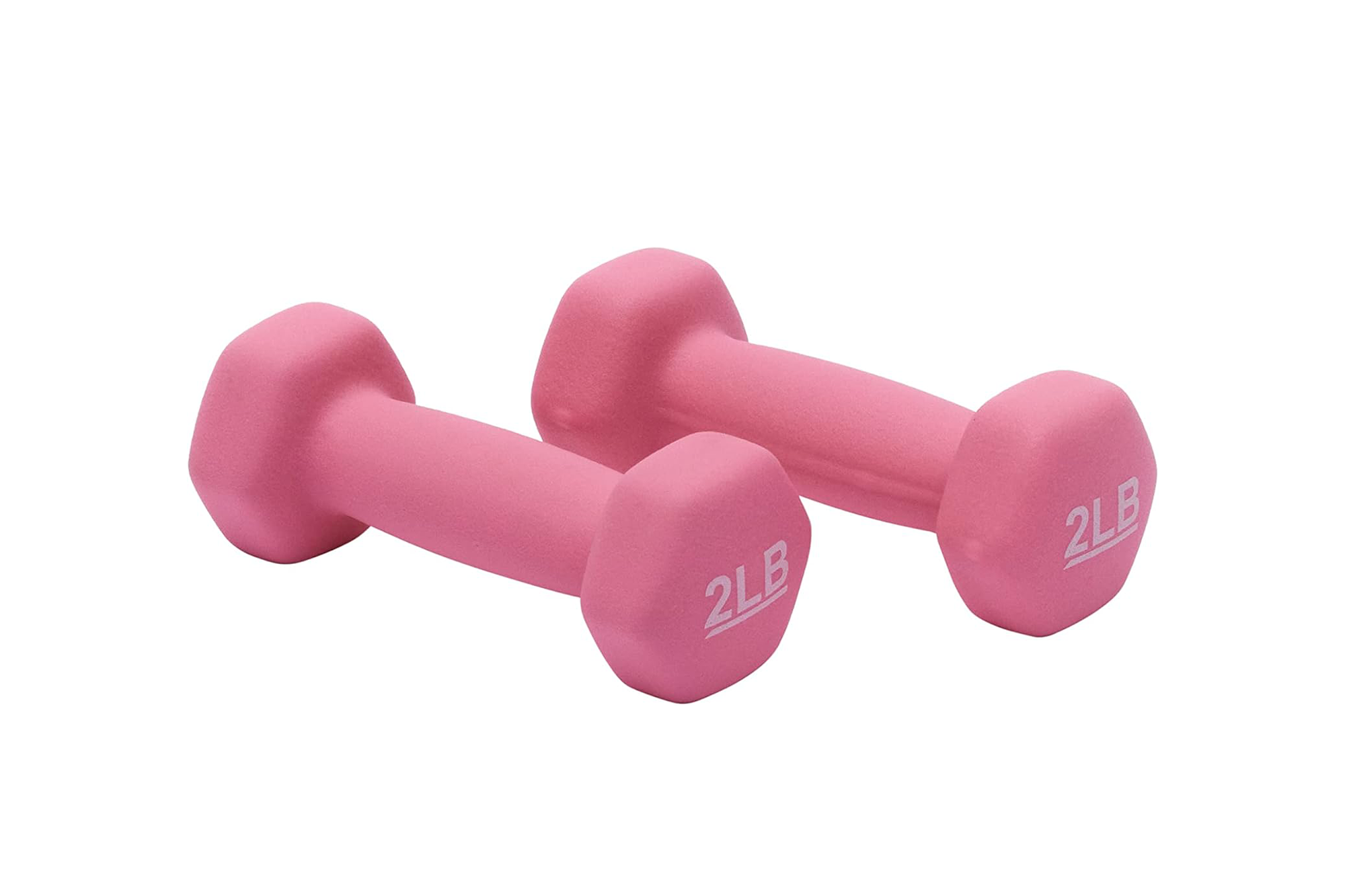 A pair of two-pound pink dumbbells.