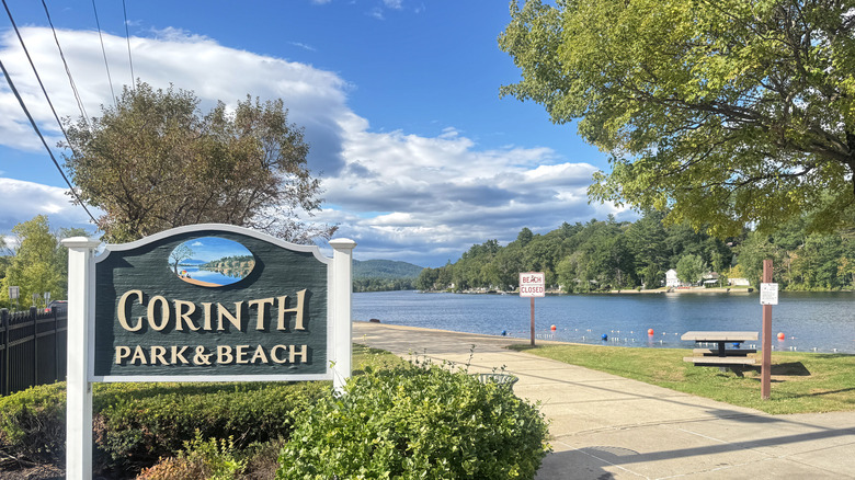 Entrance sign at Corinth Park and Beach near Hudson River