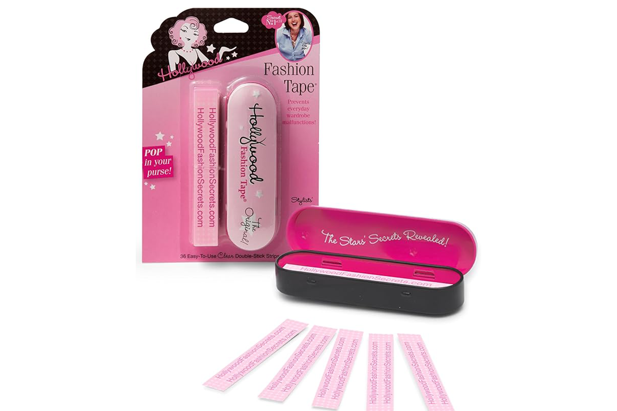 Hollywood Fashion Tape with an open case and several individual strips.