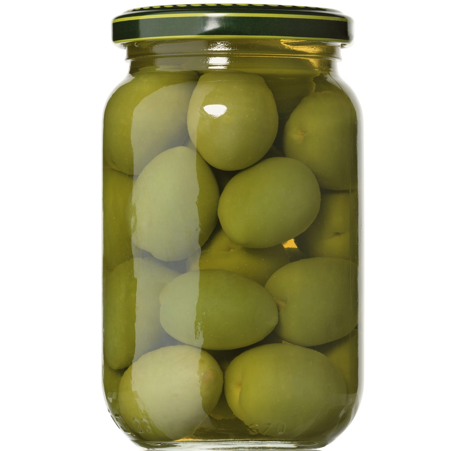 glass jar of green olives isolated on white background
