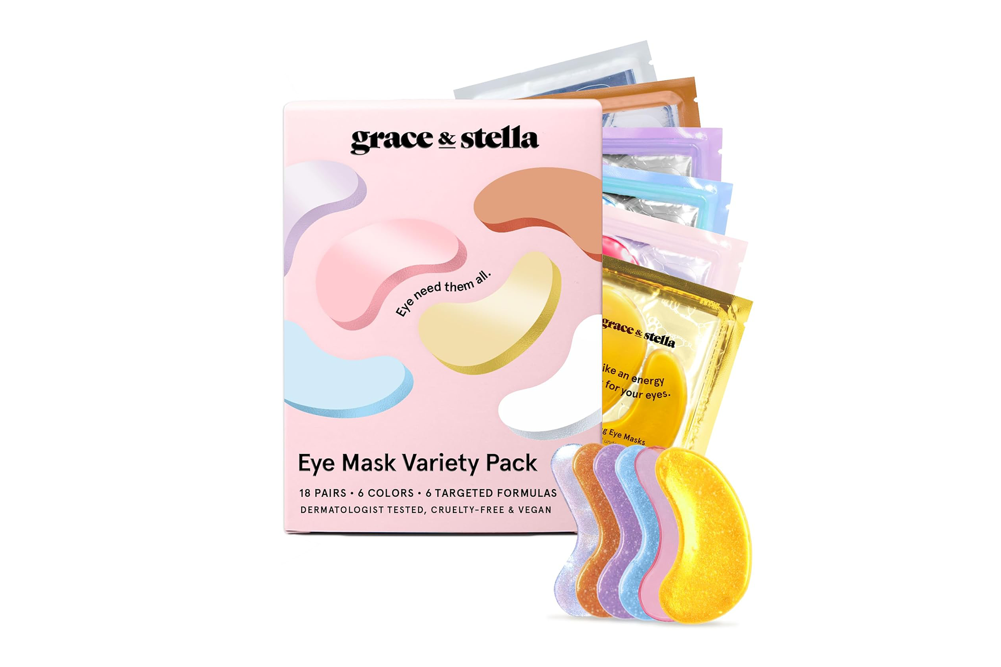 Grace & Stella Eye Mask Variety Pack with 18 pairs in 6 colors and 6 targeted formulas.