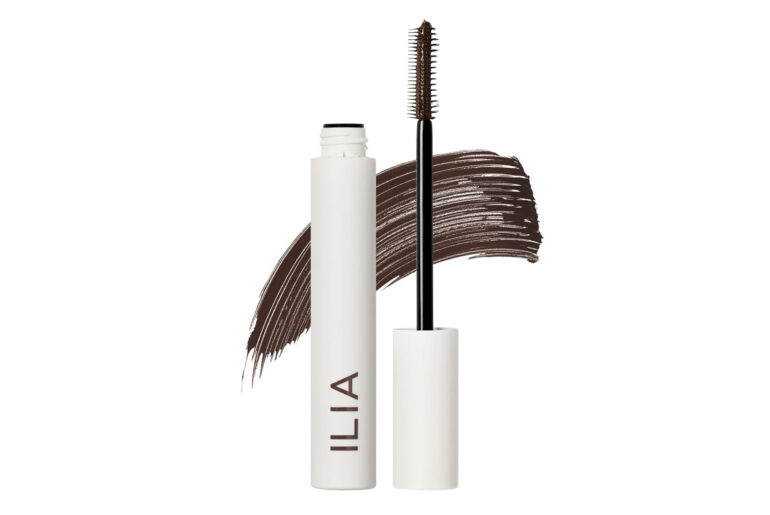 ILIA mascara tube and wand in brown, with a brown swipe.